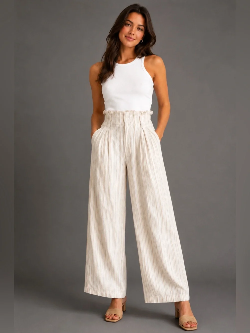 Banana Republic Petite Linen Blend Wide Leg Pants Striped Pockets Size 2P